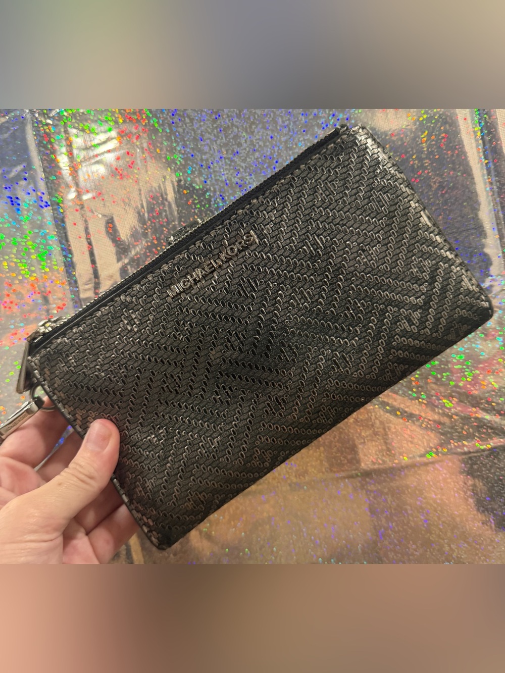 Michael Kors Black Logo Embossed Double Zip Wristlet Wallet Large Clutch
